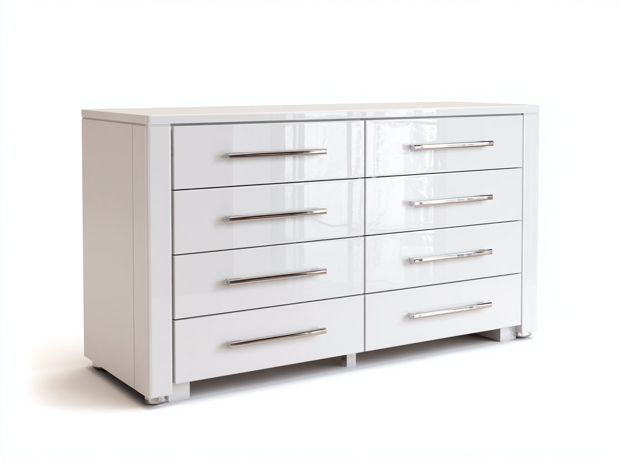 Cassettiera - MDF - Metallo - 135 x 43 x 78 cm - Bianco lucido-Argento - Stile contemporaneo