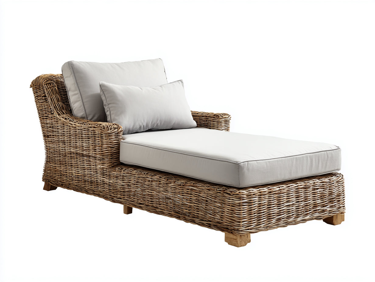 Lettino prendisole - Rattan-Tessuto - 198x88x90 cm - Marrone naturale-Grigio perla - Stile rustico
