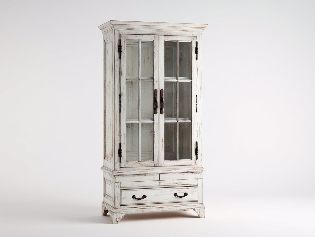 Vetrina - Legno-Vetro-Metallo - 94 x 42 x 192 cm - Bianco - Stile classico