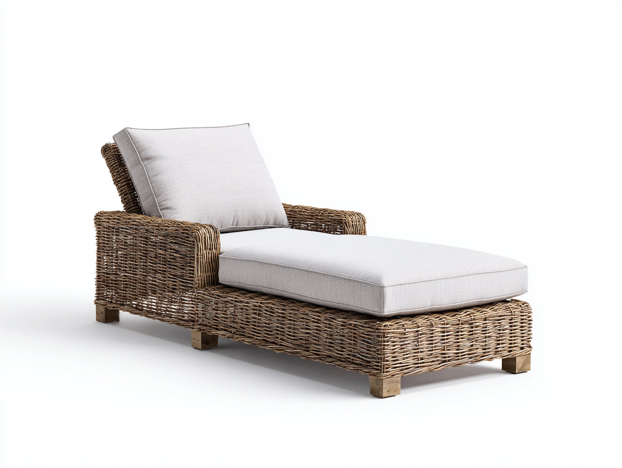 Lettino prendisole - Rattan-Tessuto - 195x82x86 cm - Marrone naturale-Grigio chiaro - Design contemporaneo