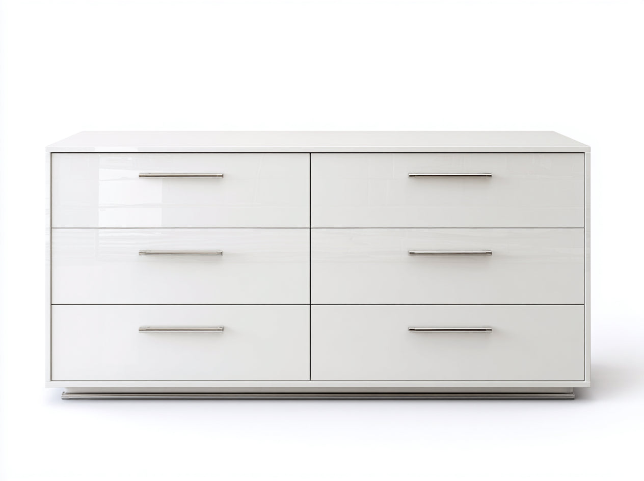 Cassettiera - MDF-Metallo - 148 x 46 x 77 cm - Bianco lucido-Argento - Stile contemporaneo