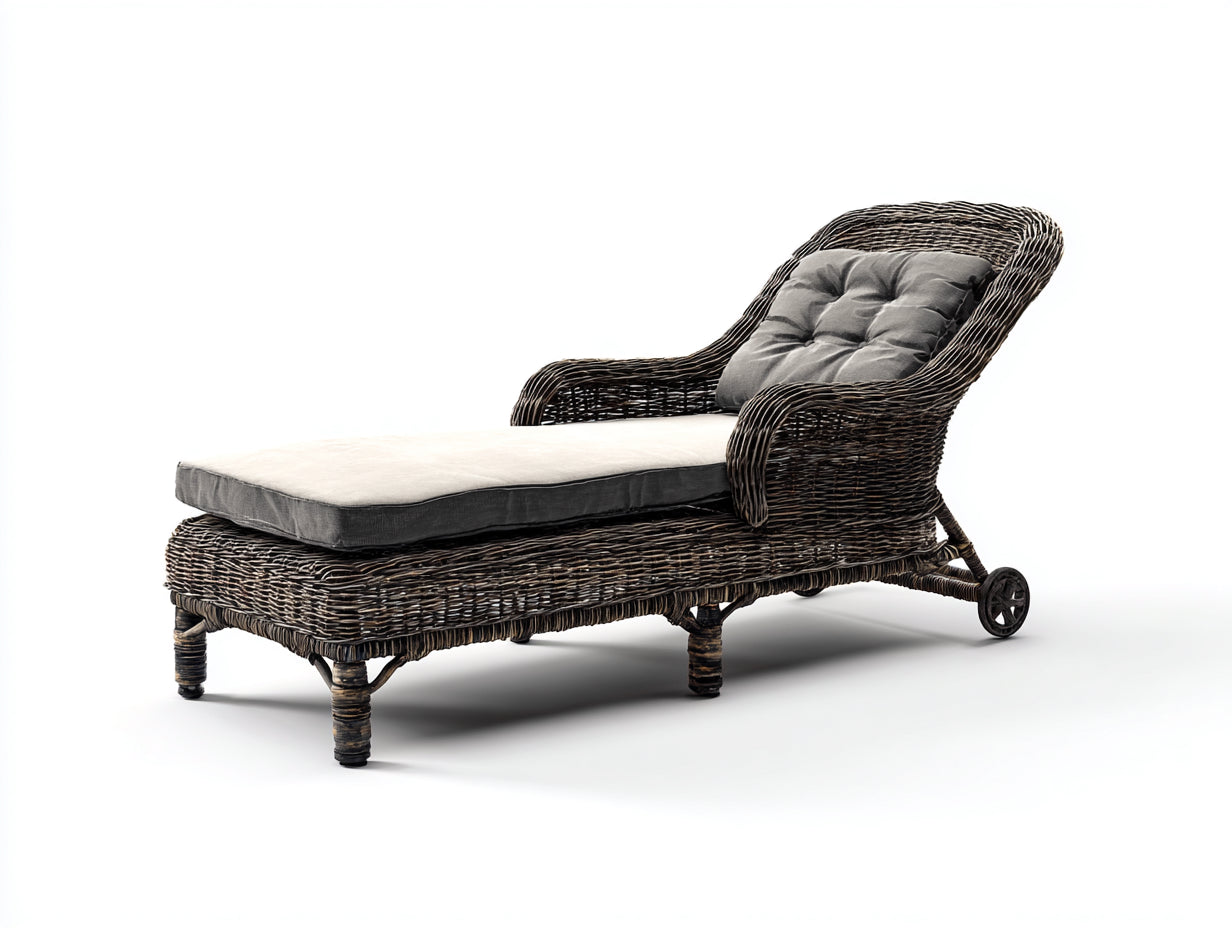 Lettino prendisole - Rattan-Tessuto - 196x78x92 cm - Marrone scuro-Beige-Grigio antracite - Design con ruote